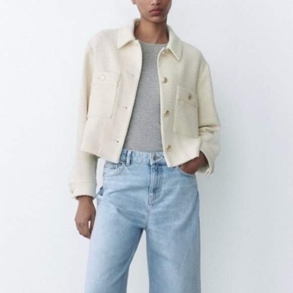 Zara Textured * Tweed Blazer Jacket Cream - Picture 14 of 16